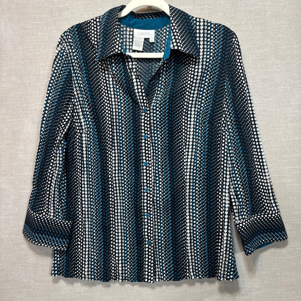 Vtg CLICHY Women Polka Dot Stripe Shirt Blouse Top XL Blue White Black Statement